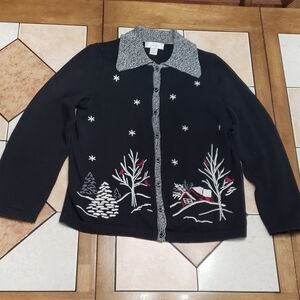 Christopher & Banks Winter Cardinal Cardigan Embroidered Button Up Medium